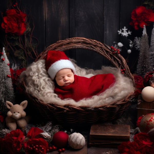 Newborn, Santa Hat, Basket, Christmas, Festive, Sleeping, Winter, Photography, Christmas Newborn Digital Backdrop Newborn Digital Background