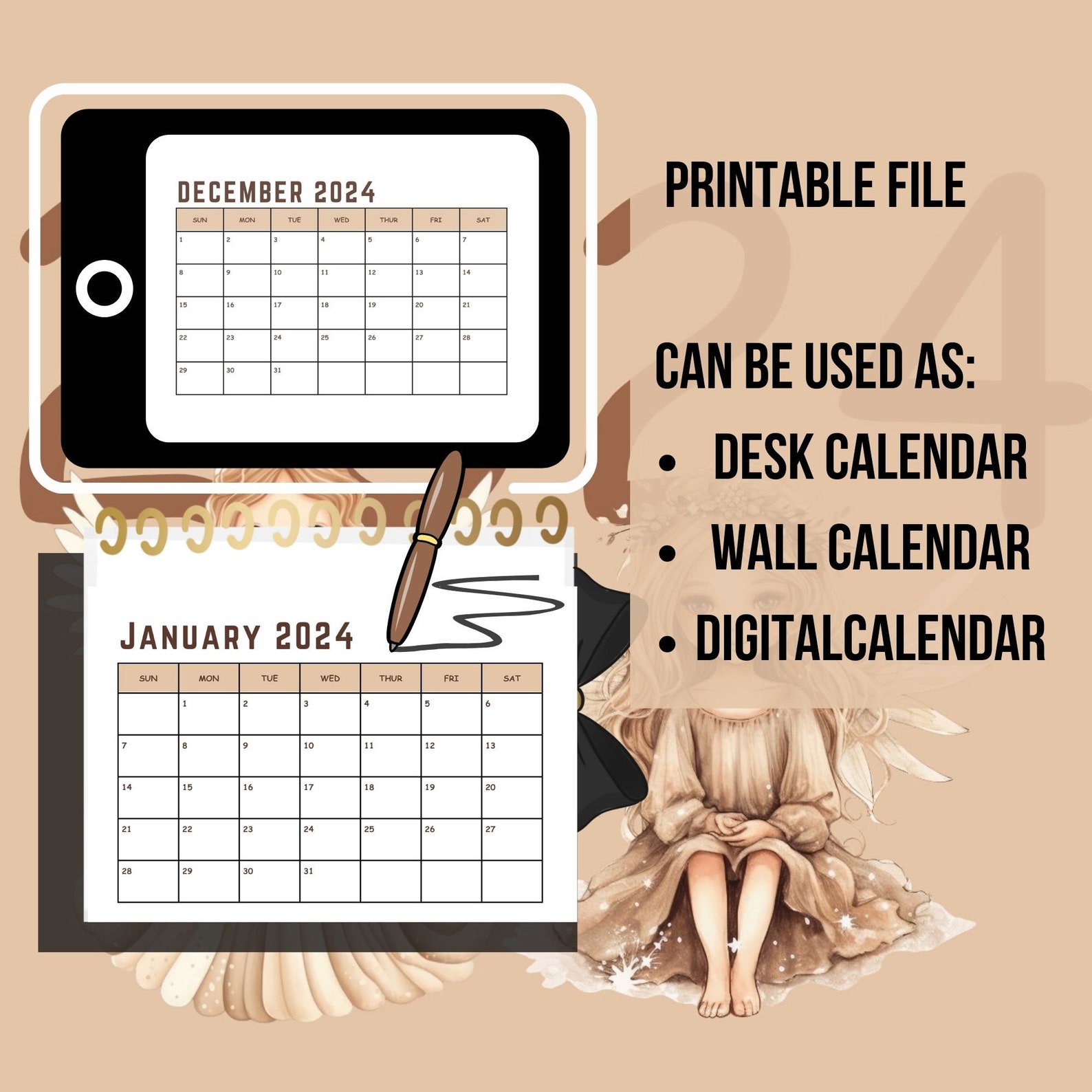Printable Calendar 2024 Monthly Calendar Simple Gift Desk Calendar 2024 ...