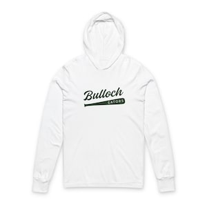 May include: White long-sleeve hooded shirt with the text "Bulloch Gators" in a dark green script font, with a baseball bat graphic. The shirt has a hood and long sleeves.