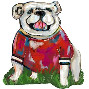 May include: An artistic illustration of a bulldog wearing a red and white jersey. The dog is painted with a colorful, textured style, sitting on green grass. The bulldog has a happy expression with its tongue out.