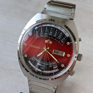Men&#39;s Watch Orient College Multi Calendar Automatic Japanese Watch Calendar Watch 21 Stones Burgundy red dial Big Watch For Men