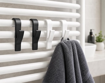 Modern towel rail in a set of 4, black or white, for 28 mm round radiators. Towel hooks, towel holders, radiator hooks, bathroom radiators.