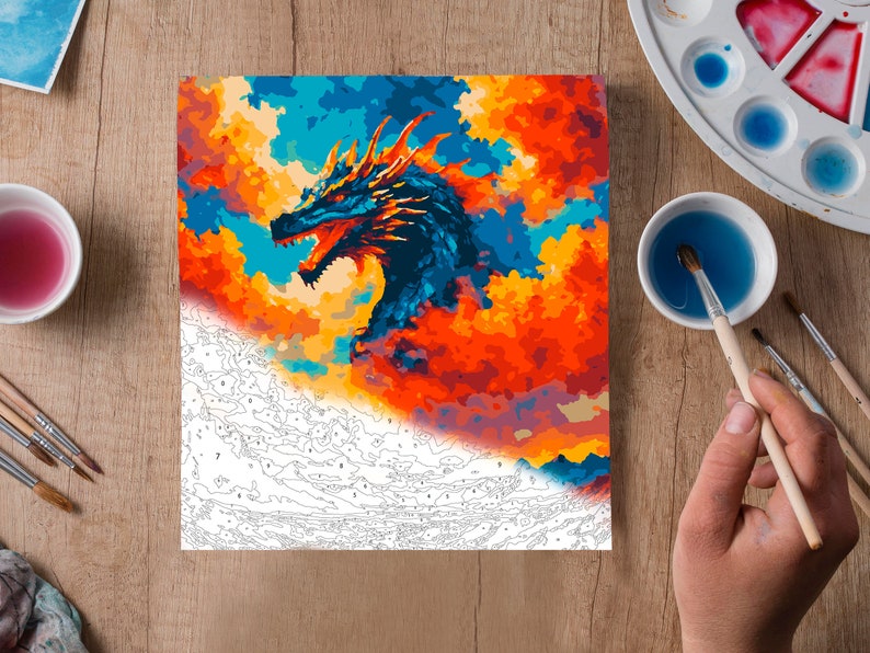Paint by Numbers Dragon Art Kit Adult, Animal Coloring Book, Printable