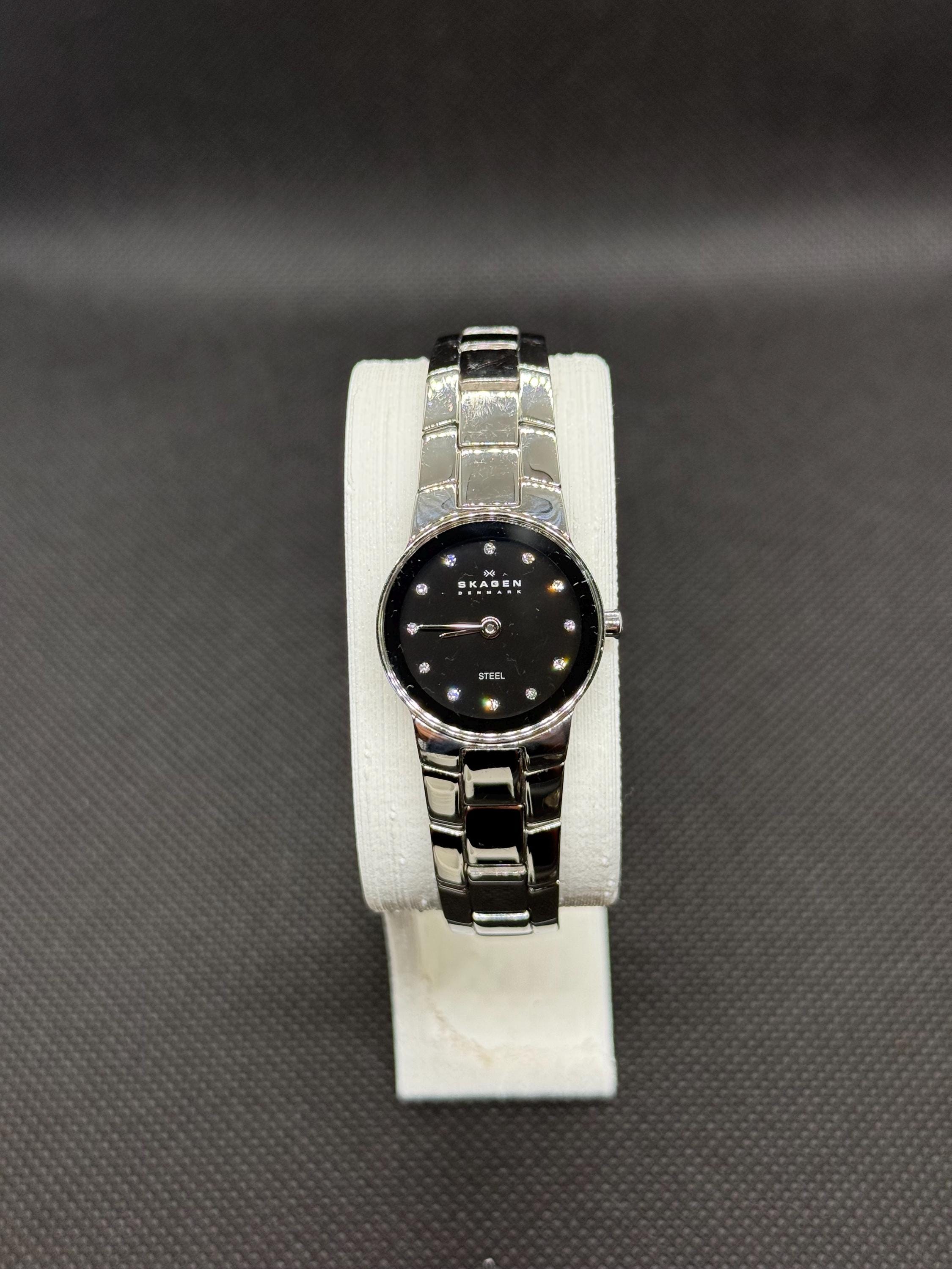 Skagen Black Dial Silver-Tone Diamond Accent Watch Skagen Diamond Watch - Etsy main image 2