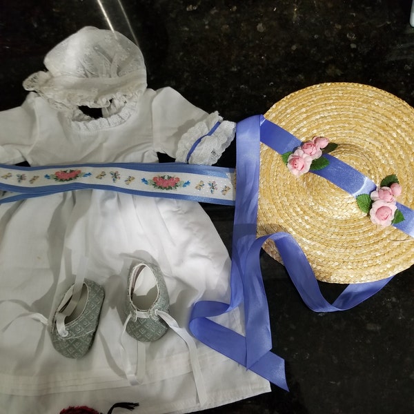 American Girl Felicity's Summer Gown Outfit with Cap, Hat, and Shoes