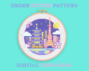 May include: A cross stitch pattern featuring a pixelated cityscape with a pagoda, tower, and buildings, set within a round embroidery hoop. The design includes the text "CROSS STITCH PATTERN" and "DIGITAL DOWNLOAD" in pastel colors.