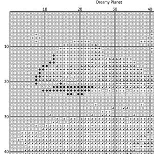 May include: A cross-stitch pattern chart with the text "Dreamy Planet" at the top. The design features a planet with stars and other symbols. The chart is a grid of squares with various symbols.