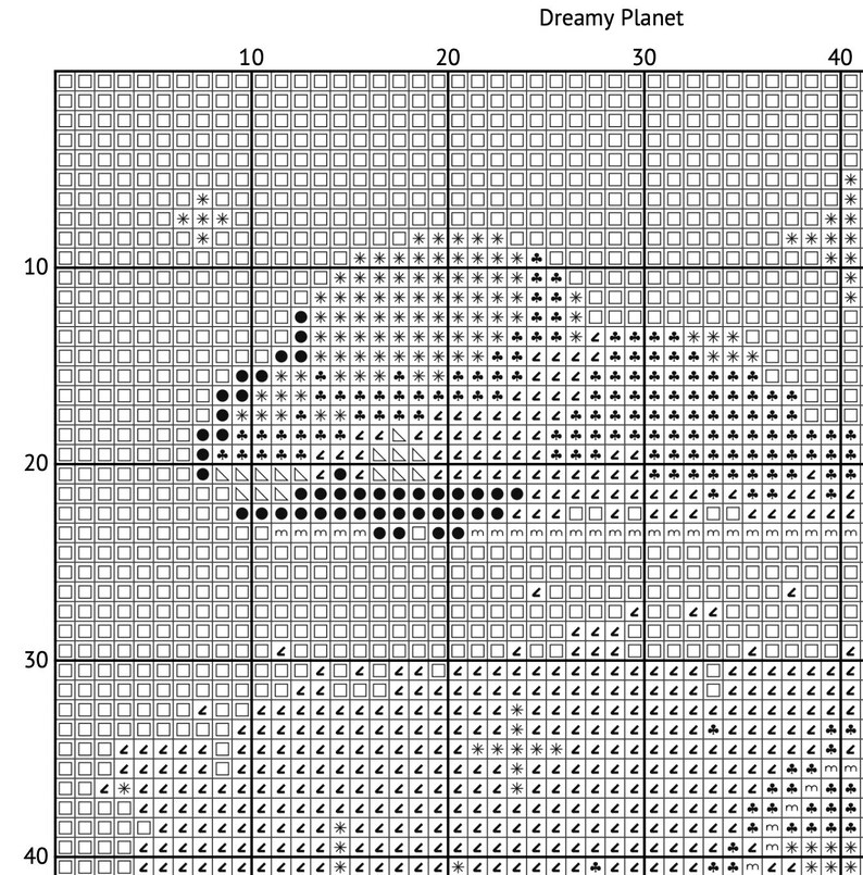 May include: A cross-stitch pattern chart with the text "Dreamy Planet" at the top. The design features a planet with stars and other symbols. The chart is a grid of squares with various symbols.