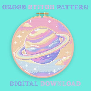 May include: A cross stitch pattern featuring a pixelated planet with rings, in pastel colors, set against a sky with clouds and stars. The text "CROSS STITCH PATTERN" and "DIGITAL DOWNLOAD" are displayed above and below the design, respectively.