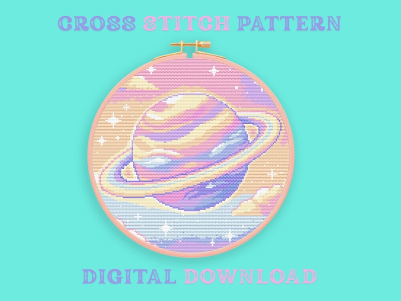 May include: A cross stitch pattern featuring a pixelated planet with rings, in pastel colors, set against a sky with clouds and stars. The text "CROSS STITCH PATTERN" and "DIGITAL DOWNLOAD" are displayed above and below the design, respectively.