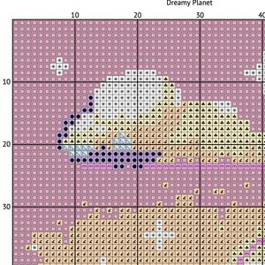 May include: A cross-stitch pattern featuring a dreamy planet design. The pattern uses various colors, including pink, white, black, yellow, and purple. The text "Dreamy Planet" is at the top. The design is made up of squares.