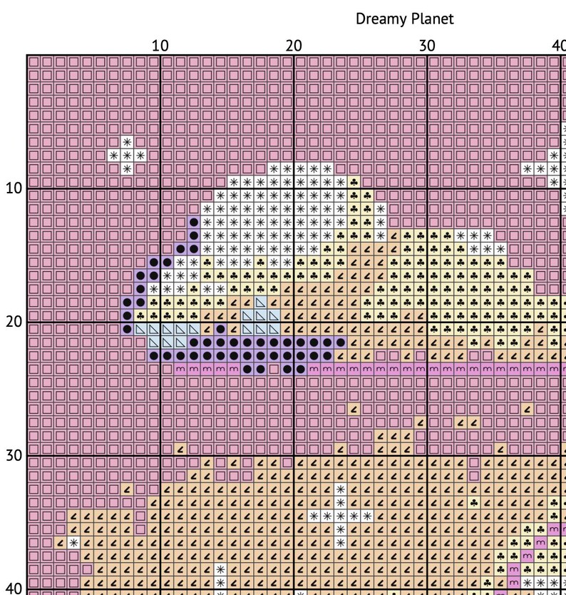 May include: A cross-stitch pattern featuring a dreamy planet design. The pattern uses various colors, including pink, white, black, yellow, and purple. The text "Dreamy Planet" is at the top. The design is made up of squares.