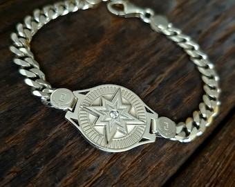 Handcrafted Unisex 925 Silver Bracelet, Diamond Sterling Silver Bracelet, Compass Rose Themed Bracelet, Elegant Bracelet