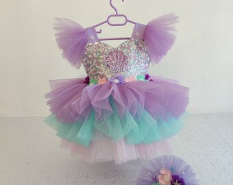 Mermaid Tulle Dress, Baby Girl First Birthday, Hair Clip Gift