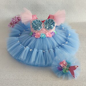 Vestido tutú de sirena hecho a mano para cumpleaños, disfraz para niña, exclusivo regalo con pinza para el cabello