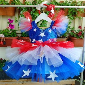Handmade Patriotic Sequin Tutu Dress | USA flag Red White Blue Star Headband Outfit 4 of July