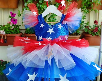 Handgemaakte patriottische tutu-jurk met pailletten | Amerikaanse vlag rood wit blauwe ster hoofdband outfit 4 juli