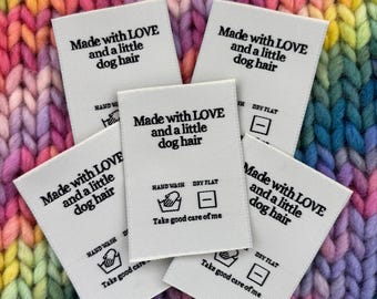Luxury Woven Craft Handmade Clothing Care Instructions Labels  ‘Made with Love and a Little Dog Hair’ x 5 labels Sew In