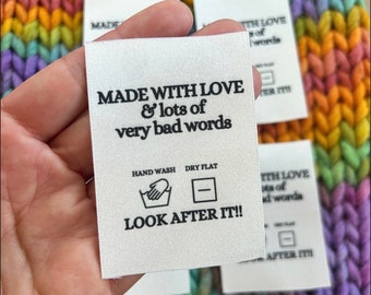 Woven Craft Handmade Clothing Care Instructions Labels ‘Made with Love and Bad Words’