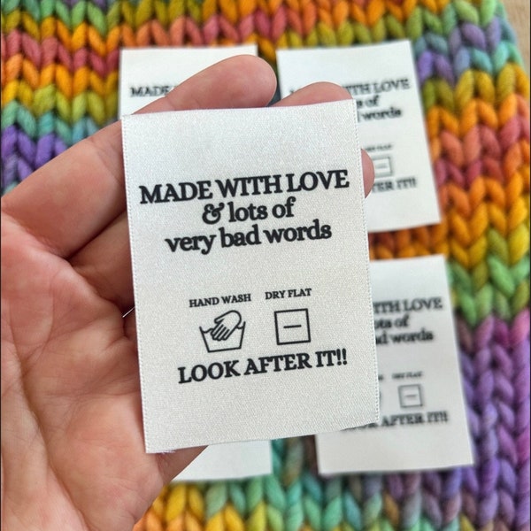 "Gewebte Handwerk ""Handgemachte Kleidung Pflege Anweisungen"" Etiketten 'Made with Love and Bad Words""