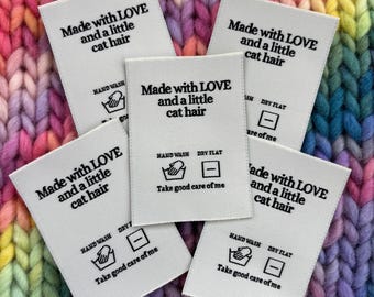 Luxury Woven Craft Handmade Clothing Care Instructions Labels  ‘Made with Love and a Little Cat Hair’ x 5 labels Sew In