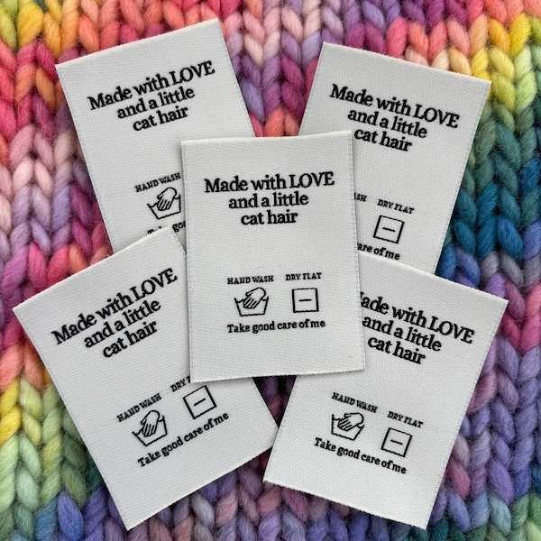 Luxury Woven Craft Handmade Clothing Care Instructions Labels  ‘Made with Love and a Little Cat Hair’ x 5 labels Sew In
