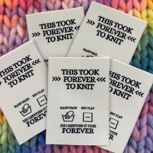 Instructions d'entretien des vêtements tissés de luxe à la main, étiquettes à tricoter « Il a fallu une éternité à tricoter » x 5 étiquettes