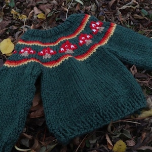 Puede incluir: Un suéter tejido de color verde oscuro con cuello redondo y mangas largas. El canesú está decorado con una banda horizontal de motivos de hongos rojos y blancos, acentuada por finas rayas amarillas y rojas sobre la base de lana verde.