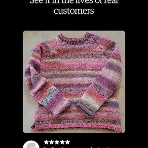 May include: A striped pink, purple and grey knitted jumper with a crew neck and long sleeves. "Really clear pattern for beginners, this was my first ever knitting pr..." is written below the jumper.