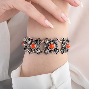 Handmade Filigree Bracelet With Red Stone Sterling Silver Filigree Bangle Women Lace Wristwear Dainty Birthday Gift For Mom Fine Silver
