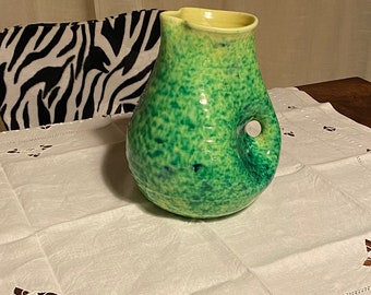 Vintage pitcher, signed, Accolay, numbered, vase, French ceramic, 70s, in great condition with bright colors. stunning. rare, side.