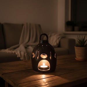 Puede incluir: Una linterna de vela de cerámica marrón oscuro con asa, colocada sobre una mesa de madera. La linterna tiene cortes decorativos y una vela encendida en el interior, creando un brillo cálido. Un sofá y una planta en maceta están en el fondo.