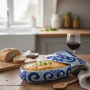 May include: A blue and white ceramic casserole dish with a lid, filled with a baked dish and garnished with herbs. A loaf of bread and a glass of red wine are also on the wooden table.
