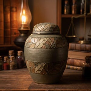 Può includere: Un'urna in ceramica verde con coperchio, decorata con un motivo a foglie nei toni del marrone e beige. L'urna è esposta su una superficie di legno, con una lampada vintage e libri sullo sfondo. L'urna è alta circa 20 cm.