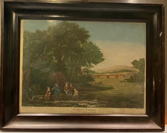 old lithograph, signed, under glass, framed, engraving, vintage, print, 18th century, rare, "Le petit passage".