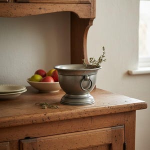 May include: A pewter-toned metal bowl with a ring handle, resting on a wooden cabinet. The bowl contains sprigs of herbs. A bowl of fruit and plates are also on the cabinet. The cabinet has a rustic, aged appearance.