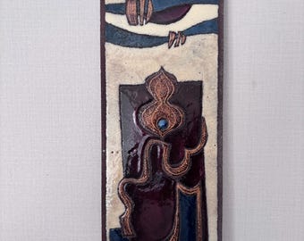 Placca di lava smaltata Jean Jaffeux, ceramica d'arte Auvergne Volvic, decorazione murale vintage degli anni '60, Francia moderna di metà secolo