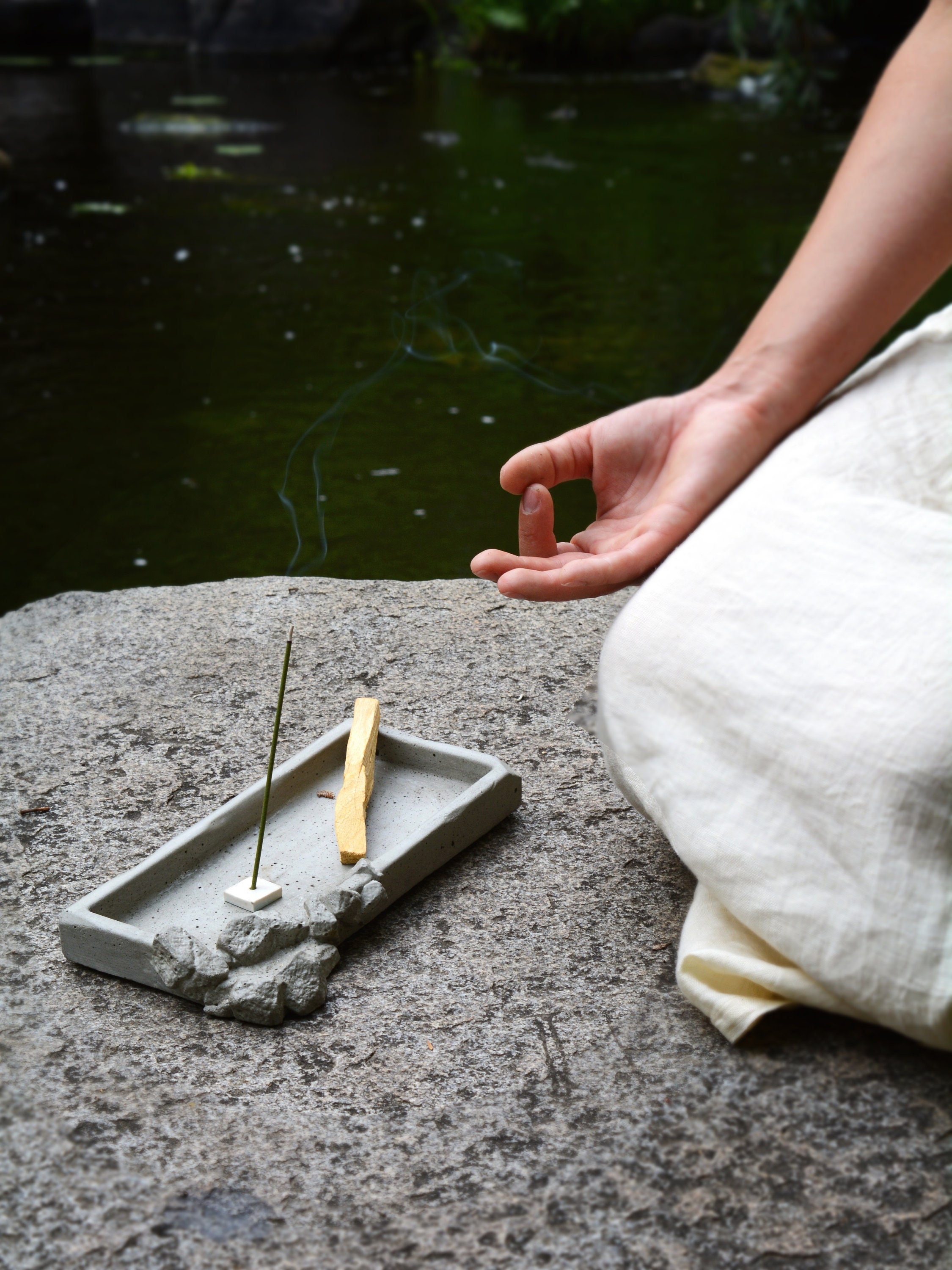 Meditation Gray Concrete Tray/Stone Incense Holder/Rustic Palo Santo Holder/Big Rock Candle Holder/Stone Organizer/Minimalist Stone Candle