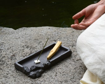Meditation Black Concrete Tray/Stone Incense Holder/Rustic Palo Santo Holder/Big Rock Candle Holder/Stone Organizer/Minimalist Stone Candle