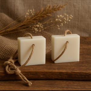 May include: Two square, off-white soaps with rope handles. The soaps are displayed on a wooden surface with a natural, rustic aesthetic. A knotted rope and dried plants are in the background, enhancing the natural theme.