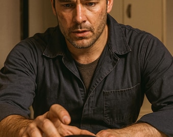 May include: A man in a dark blue shirt reaches for a small, round jar with a black lid. The jar is amber-colored with a white label and sits on a wooden base. The background includes a neutral-toned wall and a metal cabinet.