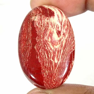 Peut inclure: Pierre précieuse de forme ovale avec un motif saisissant de bandes rouges et crème. La surface polie révèle un design naturel et stratifié, mettant en valeur les veines et les variations de couleur uniques de la pierre. La pierre est tenue par les doigts d'une personne.