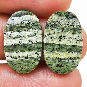 Könnte beinhalten: Zwei ovale Edelsteine mit einem geschichteten Muster. Die Steine weisen Bänder aus Weiß, Grün und Schwarz auf, die einen gestreiften Effekt erzeugen. Die Edelsteine sind poliert und haben eine glatte Oberfläche, für Schmuck.