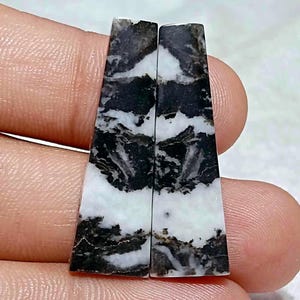 May include: Two elongated, trapezoidal-shaped gemstones featuring a high-contrast, marbled pattern of solid black and stark white bands. The stones have a smooth, polished surface with distinct, irregular organic veins running horizontally across them.