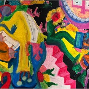 Puede incluir: Obra de arte abstracta con una vibrante mezcla de colores. La pintura presenta una figura amarilla con una prenda blanca, una escalera rosa y una gran cara sonriente. Otros colores como el azul, naranja y verde crean una composición dinámica.