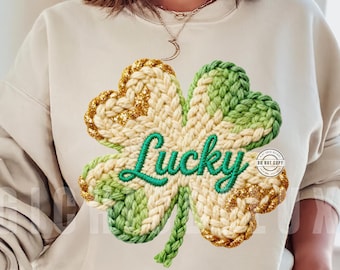 Faux Latch Hook Garn St Patrick's Day PNG, Lucky Shamrock Sublimationsdesign, Faux Punch Needle Png, Glitter Crochet Faux Stickerei