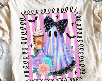 Pumpkin Spice Ghost PNG Sublimation Design, Preppy Coquette Cute Halloween Ghost Fall Coffee Clipart Iridescent Spooky Season Shirt Download