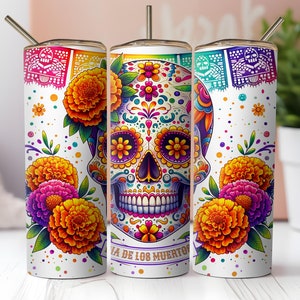Dia De Los Muertos suikerschedel 20 oz magere beker wrap sublimatie ontwerp png, Catrina, Day Of The Dead png, skelet beker wrap png