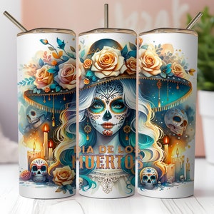 Envoltura de vaso delgada de 20 oz para mujer del Día de los Muertos, sublimación PNG, diseño de calavera de azúcar Catrina, Día de los Muertos, envoltura de vaso de esqueleto PNG
