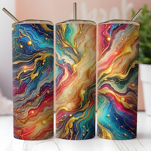 Rainbow Marble and Gold Glitter 20oz Skinny Tumbler Wrap Sublimation Design Png, Alcohol Ink Tumbler PNG File, Neon Colors Tumbler Wrap PNG